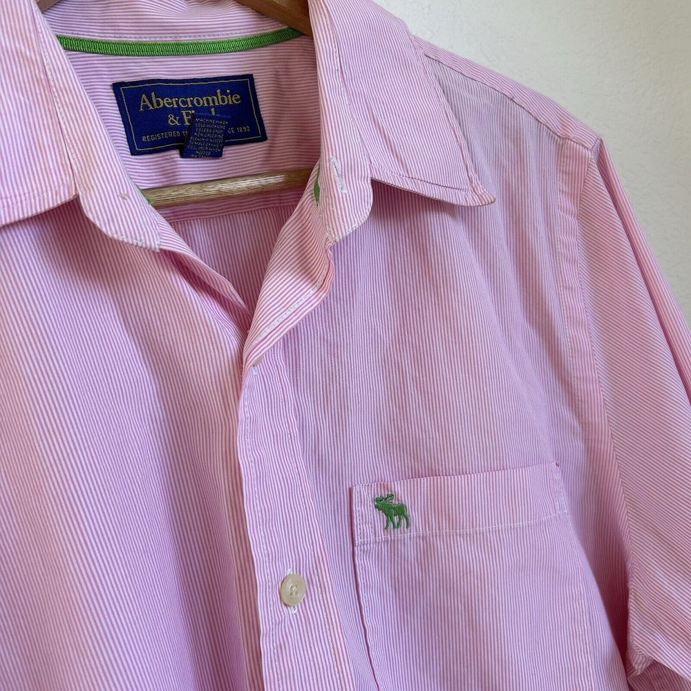 ABERCROMBIE & FITCH Button-Up Shirt Men's XXL Pink striped Long Sleeve LOGO‎